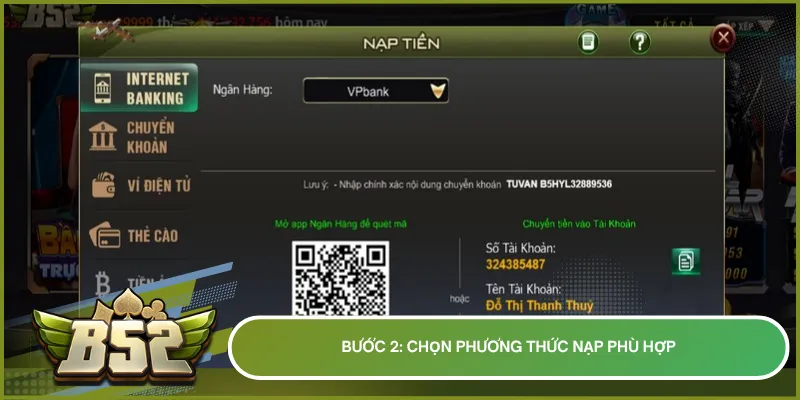 Tìm và chọn biểu tượng phương thức nạp tiền thuận tiện nhất cho bạn tại thanh menu