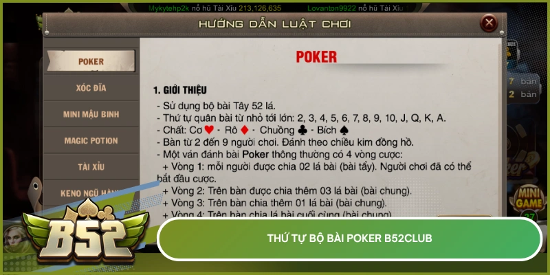 Thứ tự bộ bài Poker B52Club